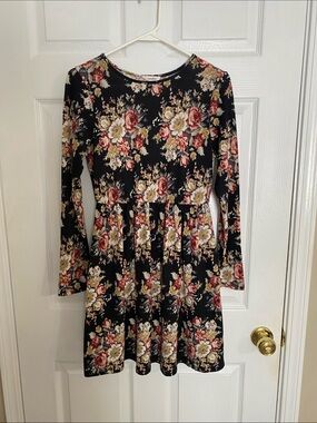 Floral Long-Sleeve Fit & Flare Dress in Black with Red & Cream Blooms